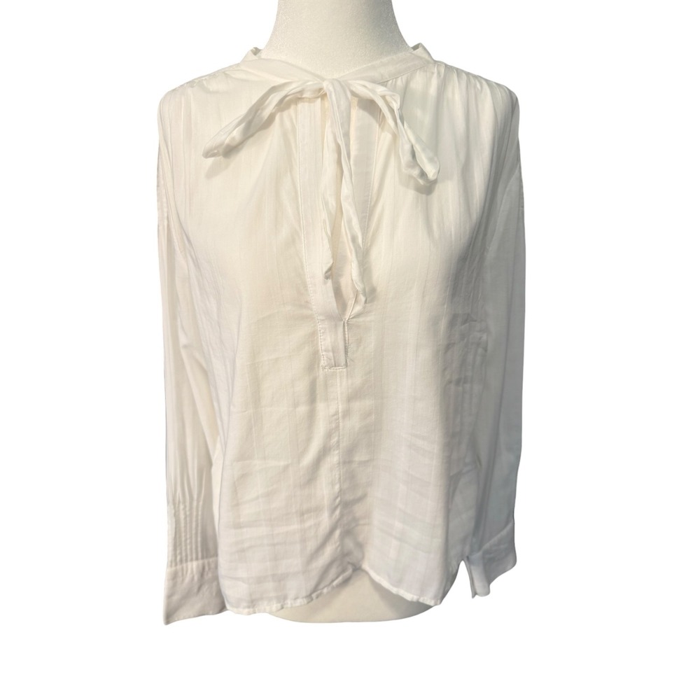 J.Crew‎ Womens White Tie Neck Dobby Stripe Cotton Modal Blouse Small Long Sleeve